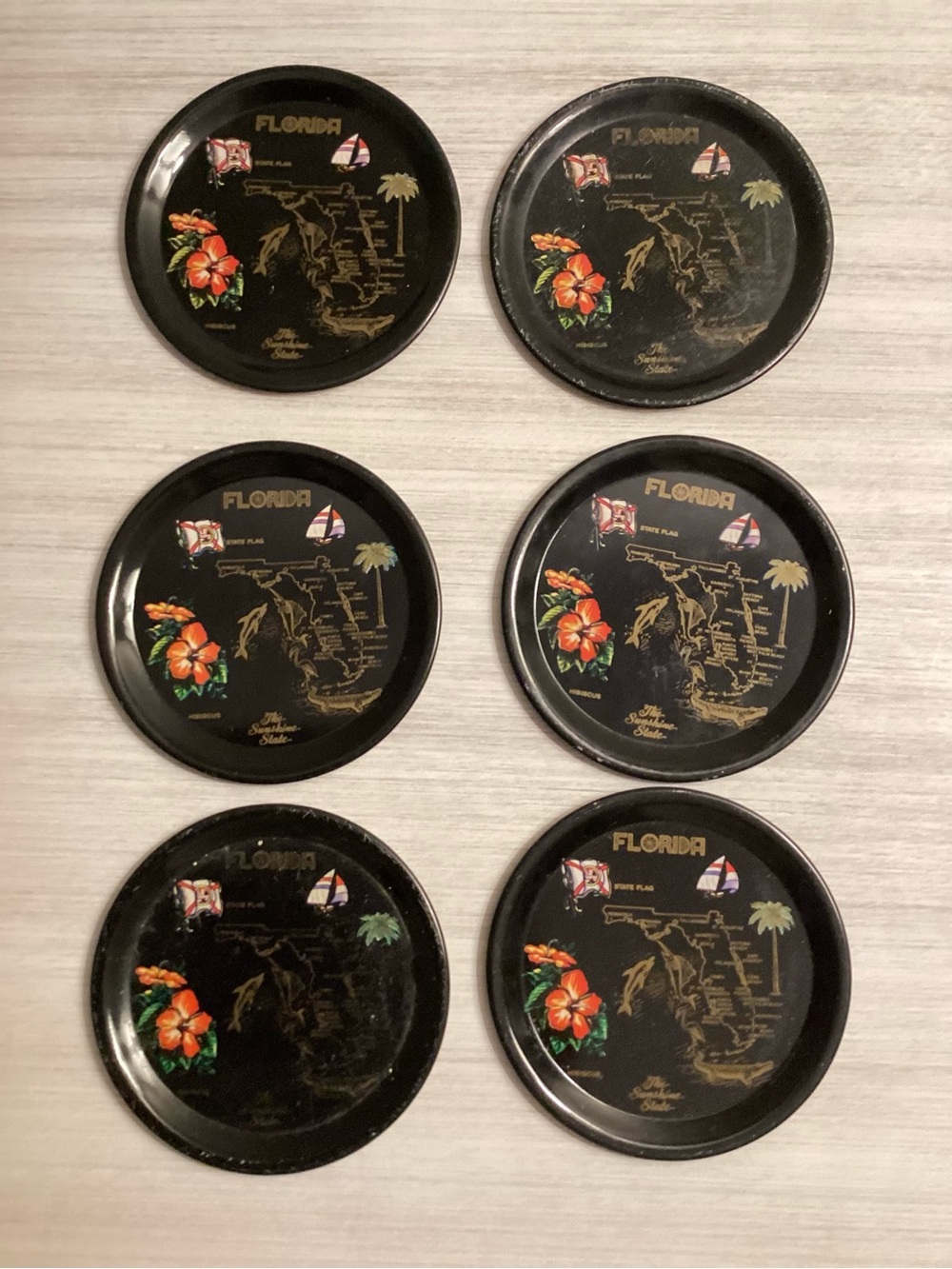 Florida Souvenir Coaster Set - Black with Gold & Floral Accents (Set of 6)